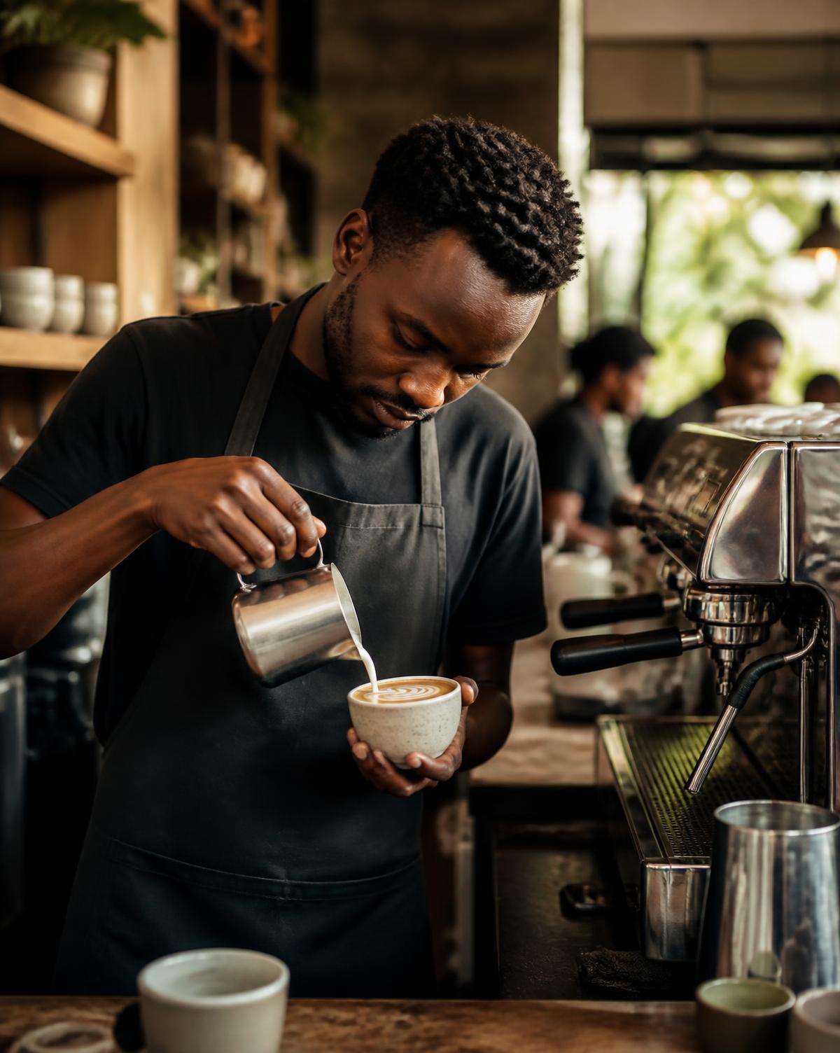 A barista carefully pouring latte art at the café counter