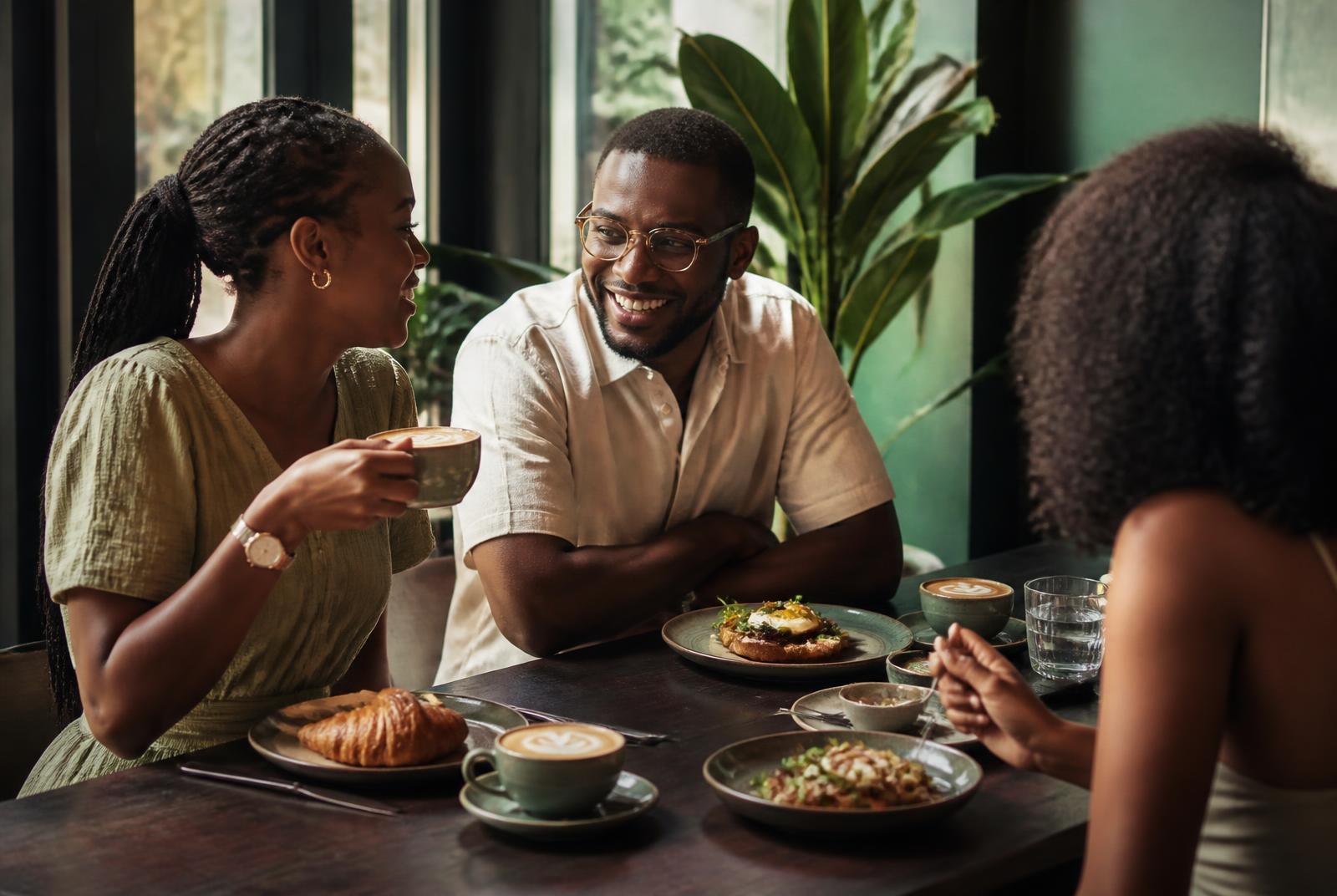 Friends sharing coffee and brunch in a warm contemporary café
